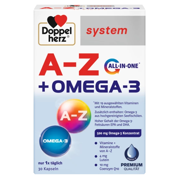 Illustration of the product packaging Doppelherz system A-Z + OMEGA-3  front view